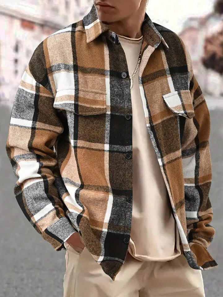 Men's oversized check shirt jacket made of soft flannel with patch chest pockets StylebySassy