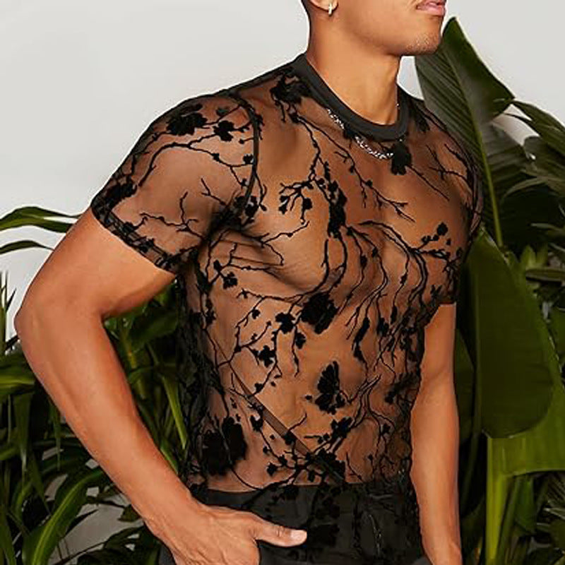Women's nano transparent mesh top with floral velvet embroidery and round neckline StylebySassy