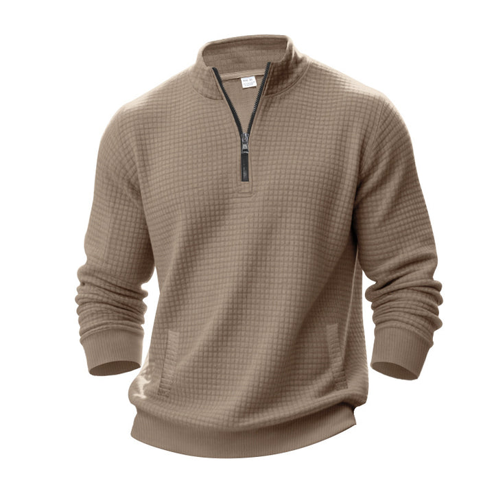 Men's waffle texture half-zip pullover with stand-up collar and subtle side pockets StylebySassy
