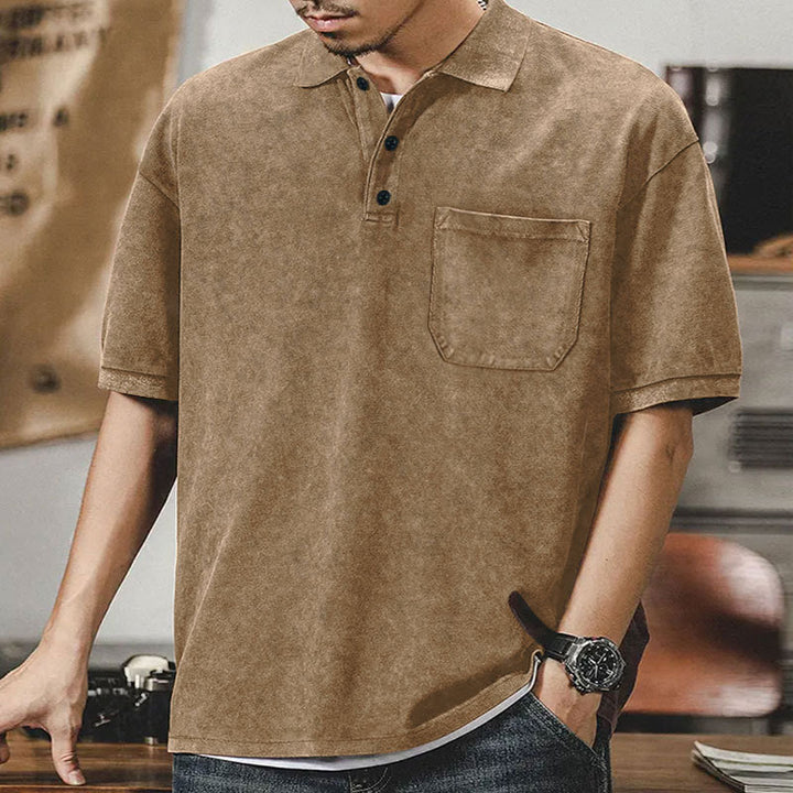 Men's loosely cut cotton polo shirt with a patch chest pocket and short button placket StylebySassy