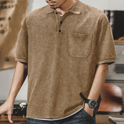 Men's loosely cut cotton polo shirt with a patch chest pocket and short button placket StylebySassy