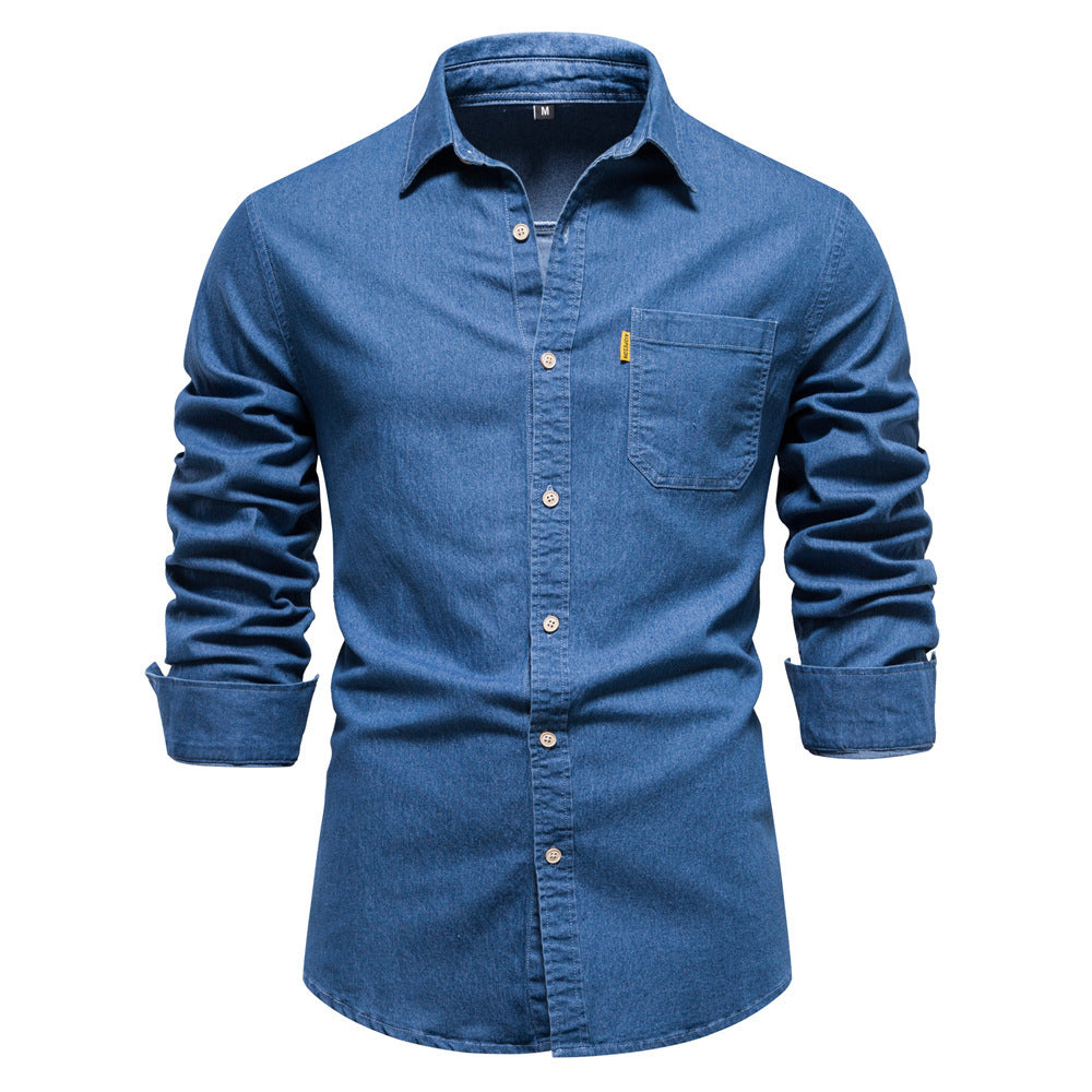 Men's narrow cut denim shirt with Kent collar and patch chest pockets StylebySassy