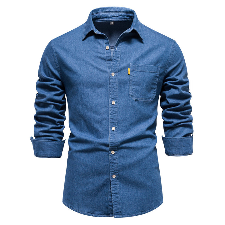 Men's narrow cut denim shirt with Kent collar and patch chest pockets StylebySassy