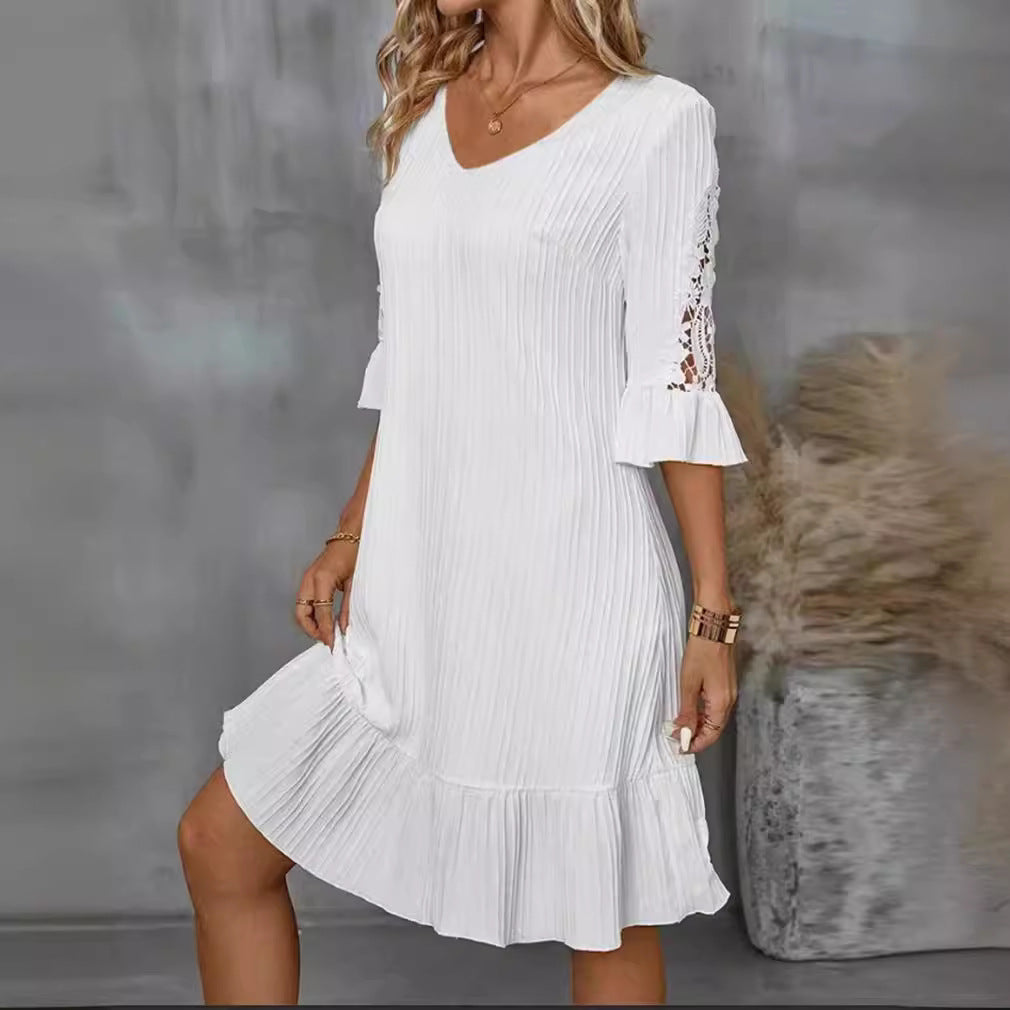 Women's lightweight pleated midi dress with V-neck, three-quarter sleeves with lace trim and ruffled hem StylebySassy