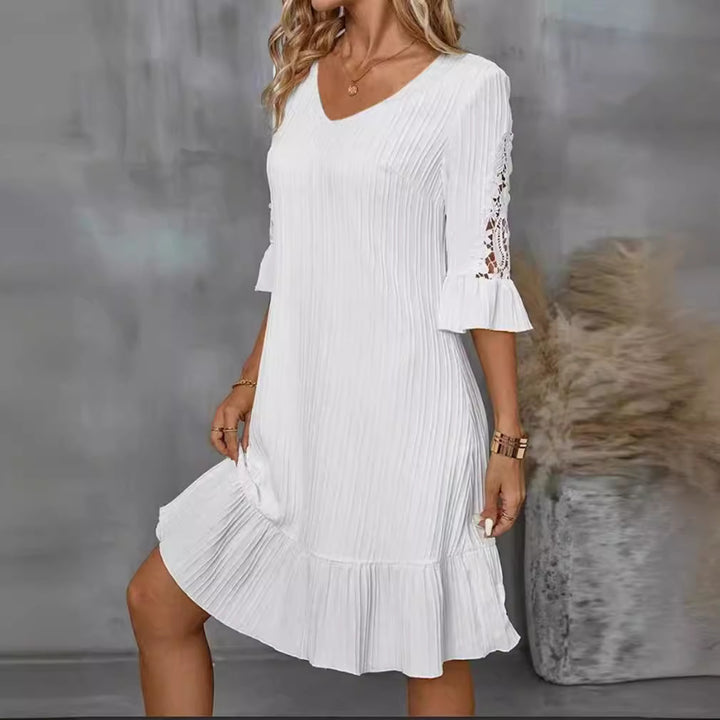 Women's lightweight pleated midi dress with V-neck, three-quarter sleeves with lace trim and ruffled hem StylebySassy