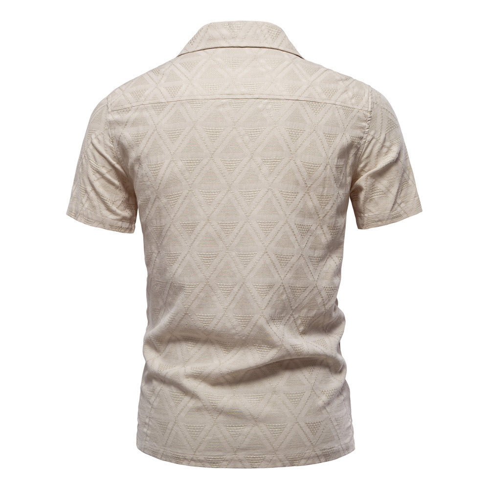Men's short-sleeved shirt with open lapel collar and geometric jacquard structure StylebySassy