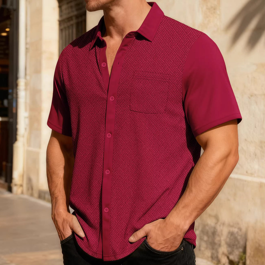 Men's leisure short sleeve shirt with jacquard texture, contrasted button placket and chest pocket StylebySassy
