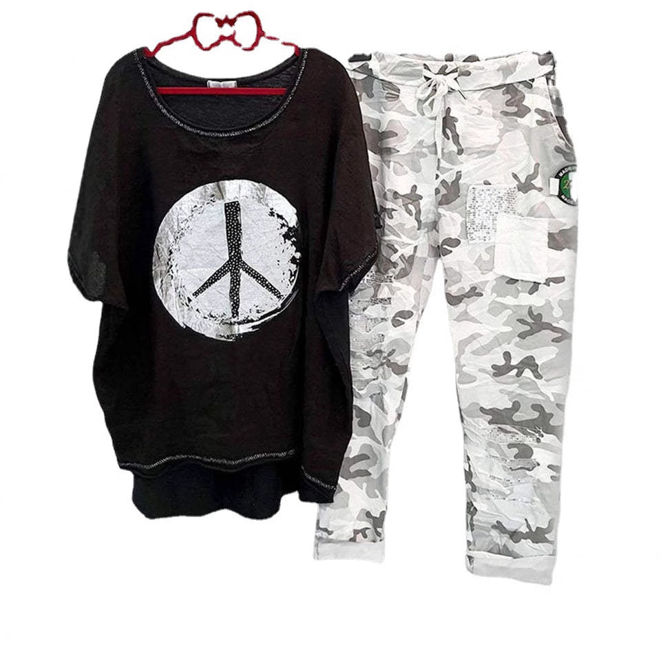 Women’s casual leisure two-piece with wide-cut linen look shirt, peace symbol and camouflage jog pants with patch details StylebySassy