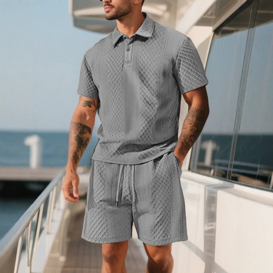 Men's three-dimensional relief leisure set with polo collar, concealed button placket and elastic drawstring shorts StylebySassy