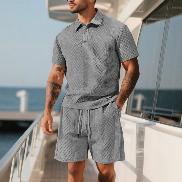 Men's three-dimensional relief leisure set with polo collar, concealed button placket and elastic drawstring shorts StylebySassy