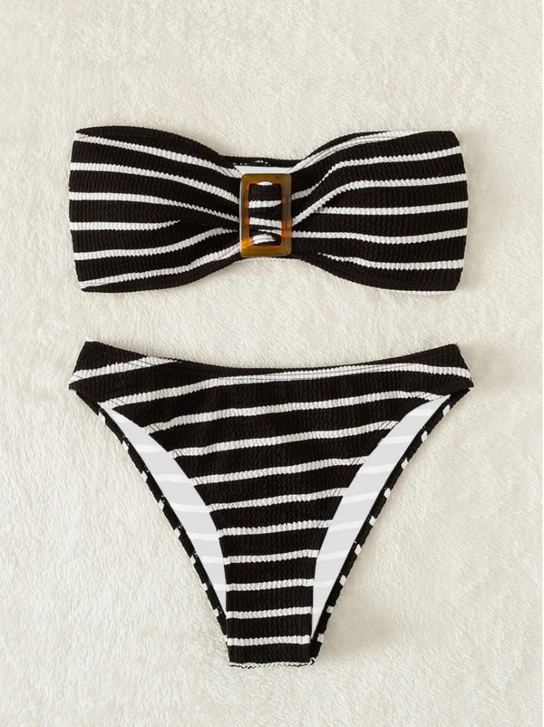 Women's bandeau bikini with a stylish striped pattern and decorative buckle StylebySassy