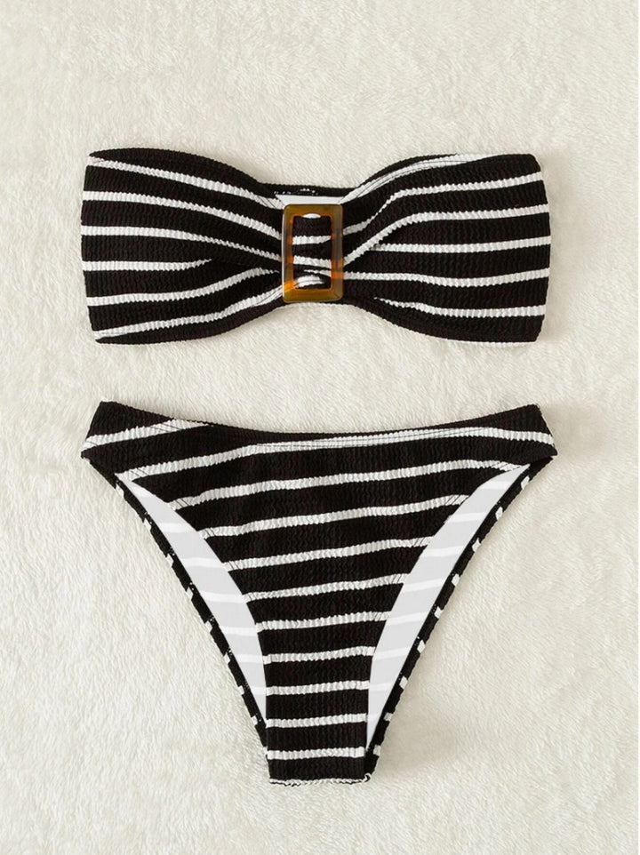 Women's bandeau bikini with a stylish striped pattern and decorative buckle StylebySassy