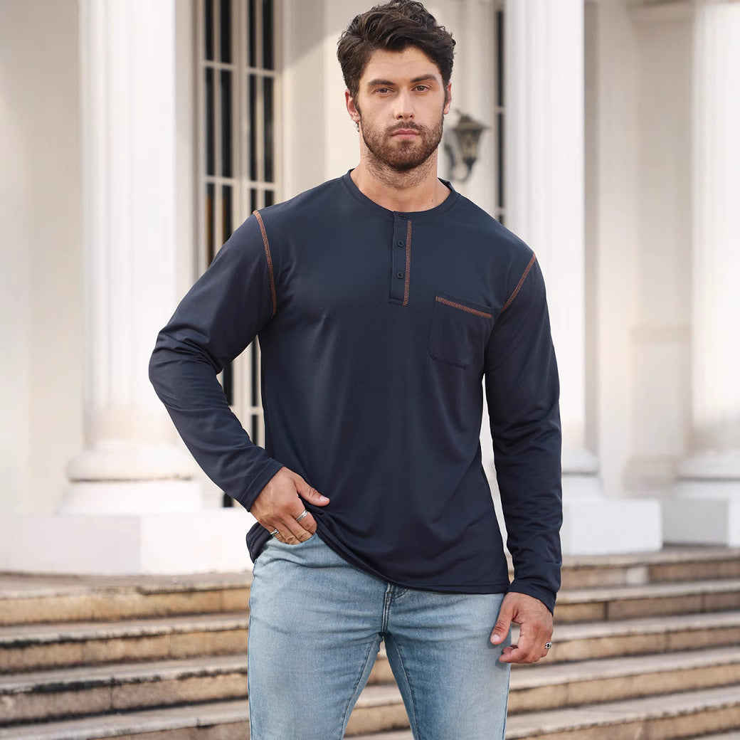 Men's Long Sleeve Shirt with Short Button Placket, Chest Pocket and Contrasting Decorative Stitching StylebySassy