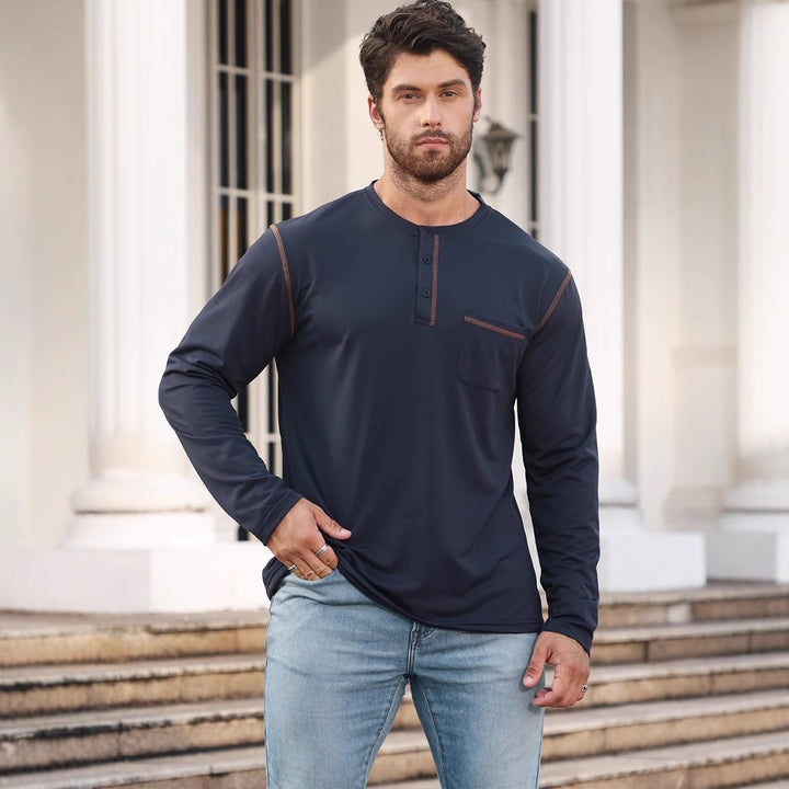 Men's Long Sleeve Shirt with Short Button Placket, Chest Pocket and Contrasting Decorative Stitching StylebySassy