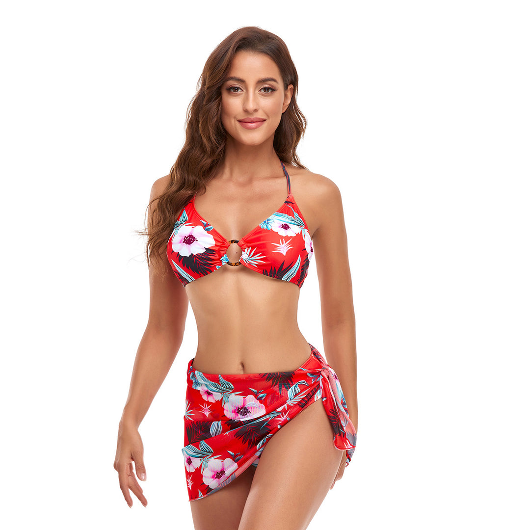Women's Triangle Bikini Set with trendy wrap skirt and floral design StylebySassy