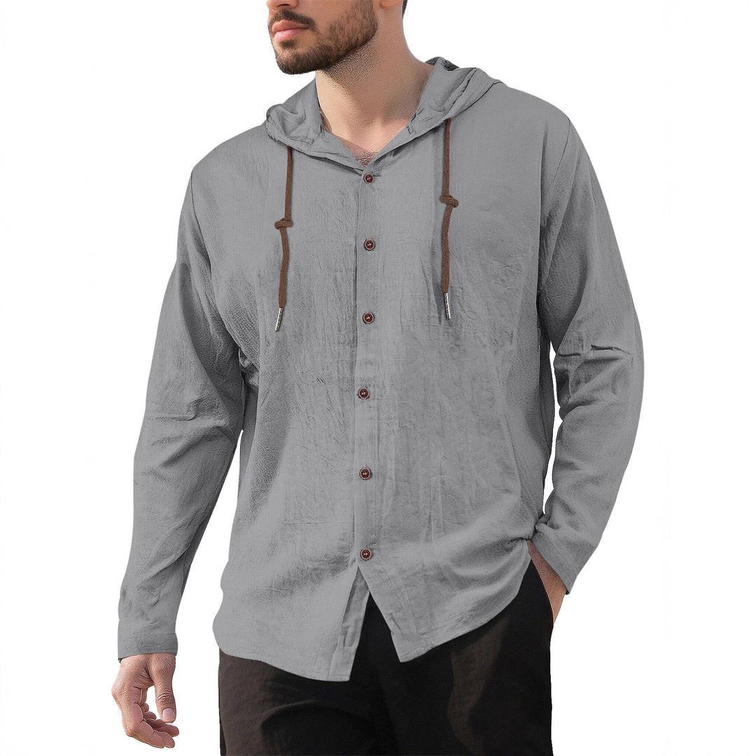 Men's textured linen blend hooded shirt with button placket, wood buttons, and side slits StylebySassy