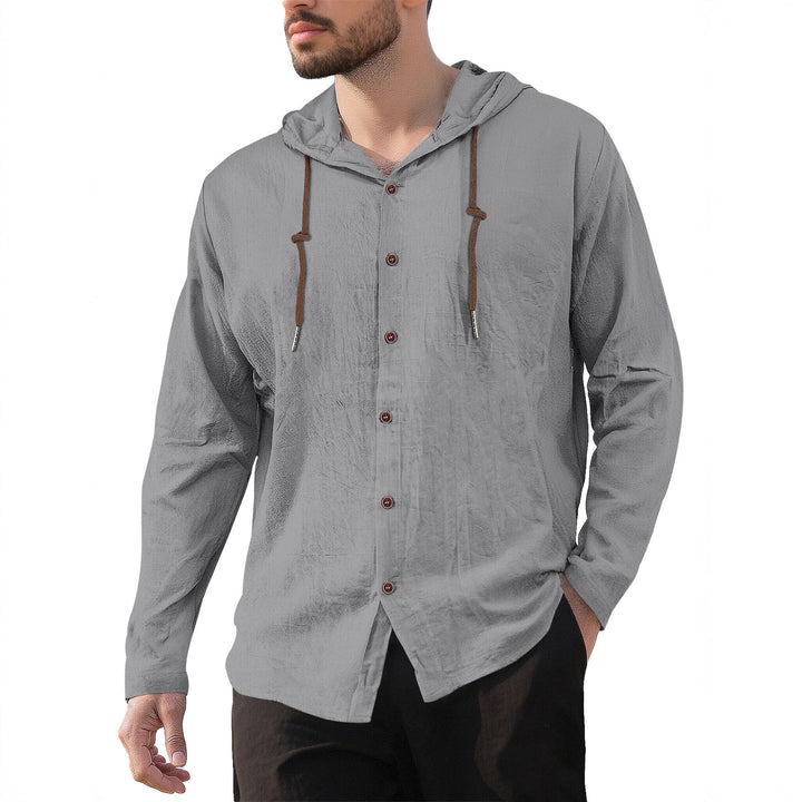 Men's textured linen blend hooded shirt with button placket, wood buttons, and side slits StylebySassy