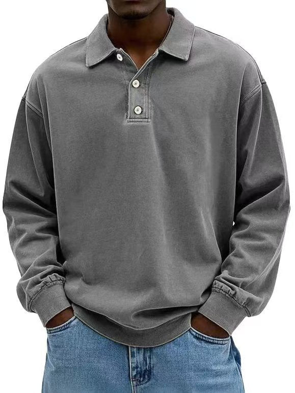 Men's casual polo shirt sweatshirt with collar, vintage wash and three-piece button placket StylebySassy