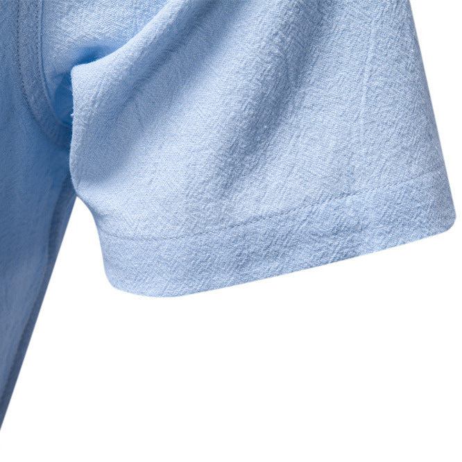 Men's casual short-sleeve shirt with stand-up collar, half button placket, and lightly textured cotton-linen quality StylebySassy
