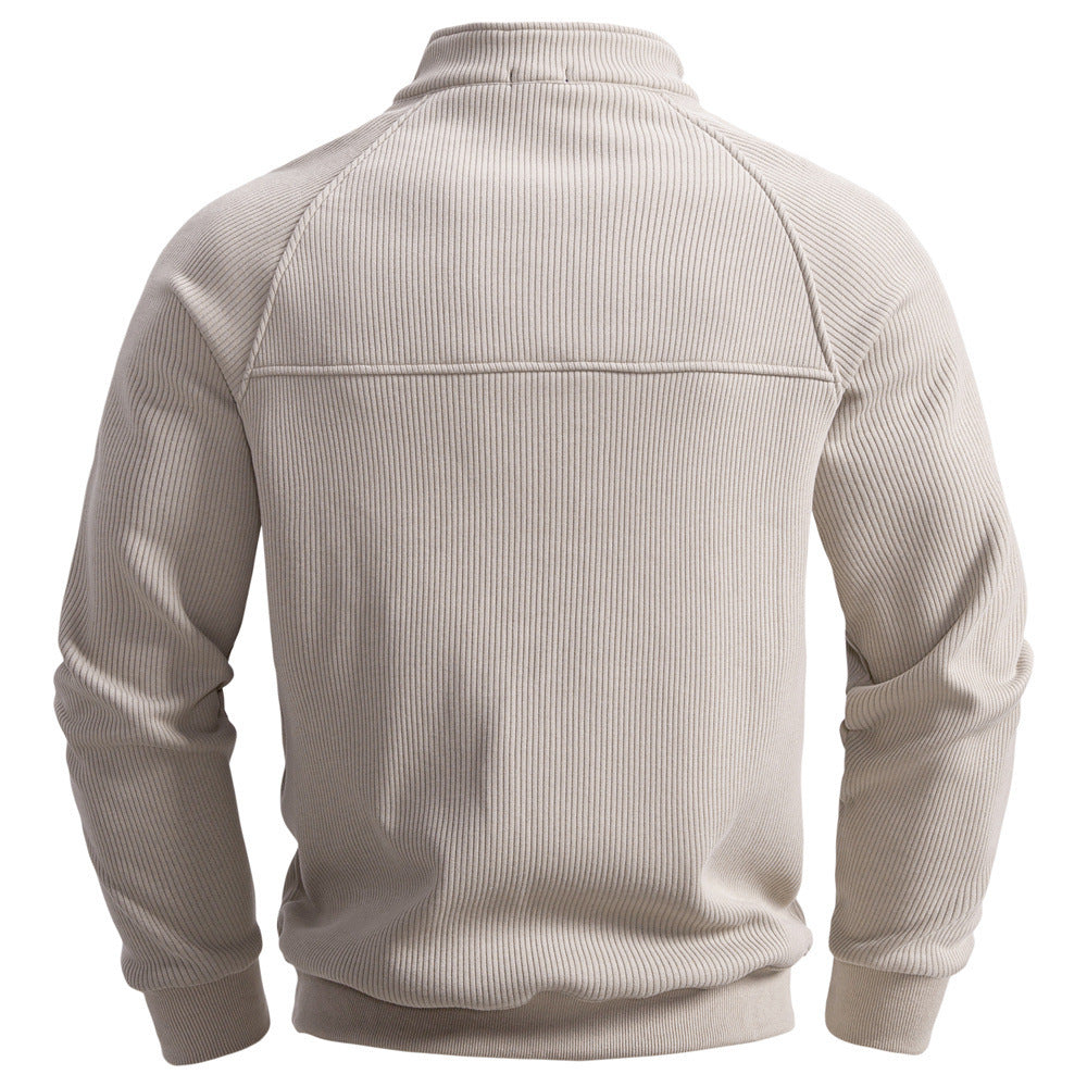 Men's fine ribbed half-zip pullover with stand-up collar, raglan sleeves, and elastic cuffs StylebySassy