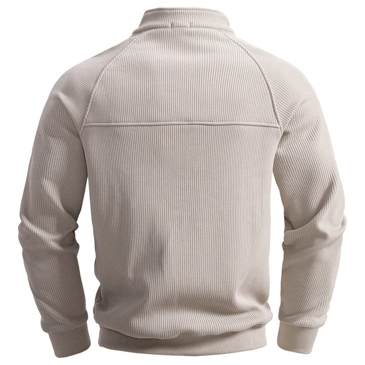 Men's fine ribbed half-zip pullover with stand-up collar, raglan sleeves, and elastic cuffs StylebySassy