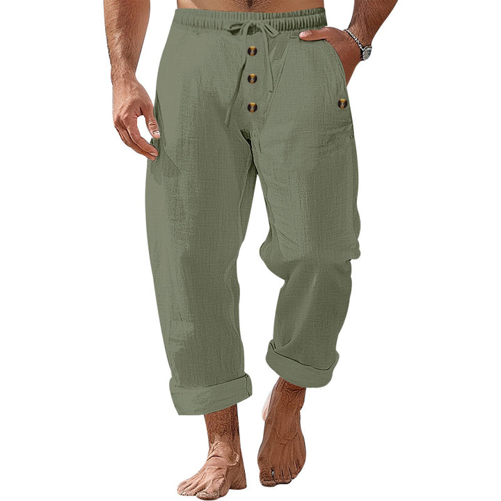 Men's casual linen-cotton pants with elastic waistband, drawstring, and rolled-up hem StylebySassy