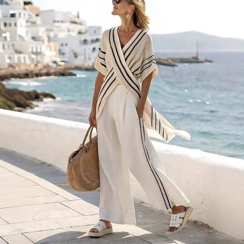 Women’s resort-inspired set with crossover kimono tunic and high-waisted palazzo pants StylebySassy