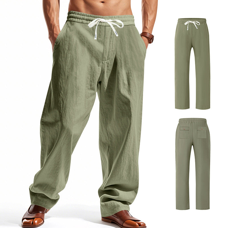 Men's wide comfort trousers in linen blend with elastic drawstring, straight leg, and patch back pockets StylebySassy