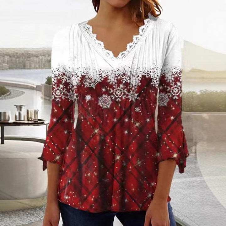 Women's Tunic blouse with lace V-neck, fine pleated yoke and wintry snowflake print StylebySassy