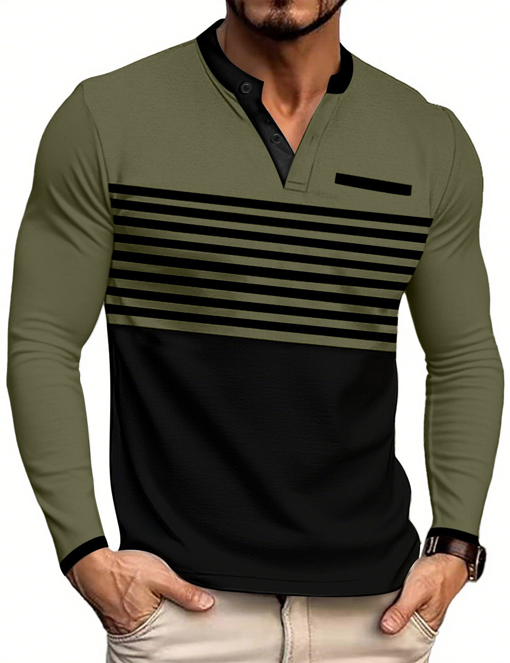 Men's modern long sleeve polo with Henley placket striped chest part and stand-up collar StylebySassy