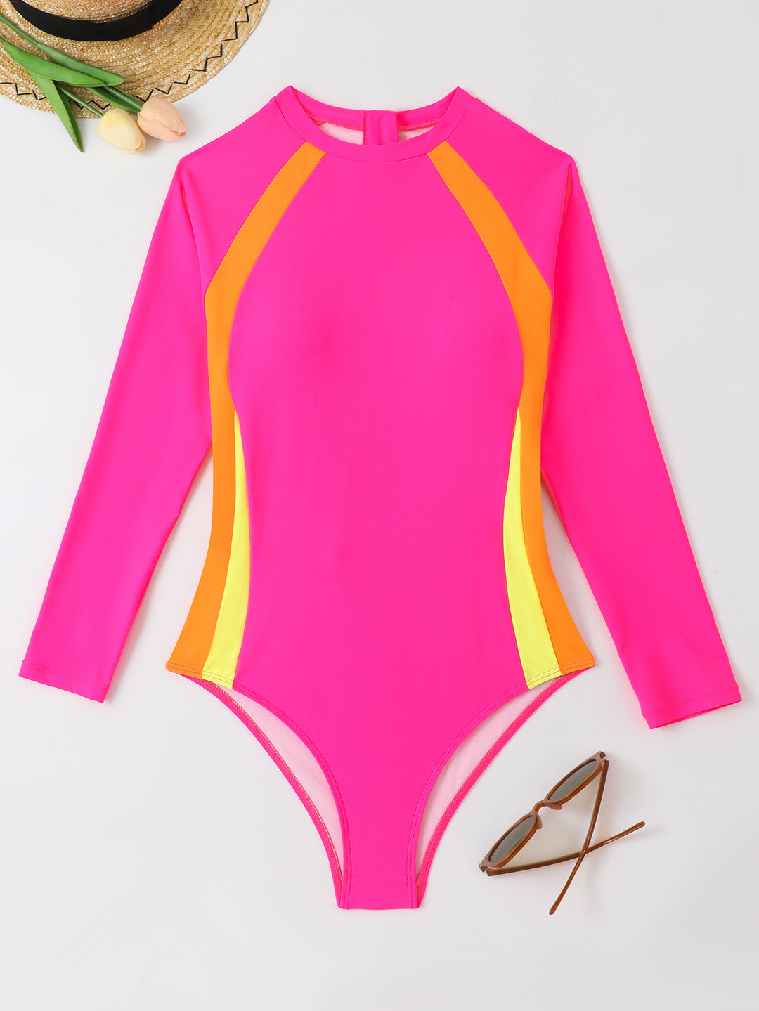 Women's Athletic Long Sleeve Swimsuit with Color Block Design StylebySassy