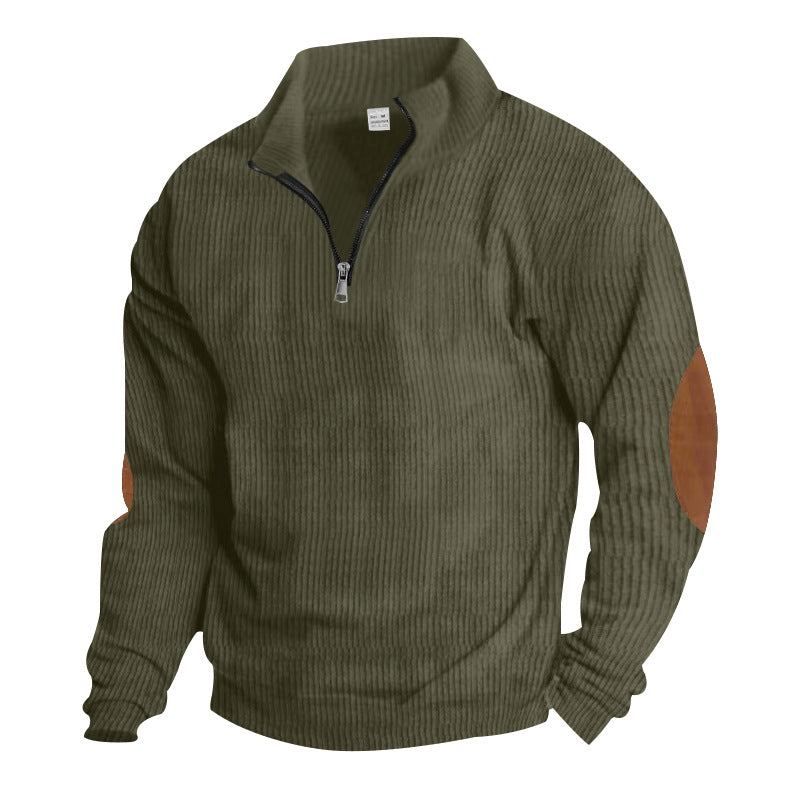 Men's knitted fine knit pullover with short zipper stand-up collar and leather-look elbow patches StylebySassy