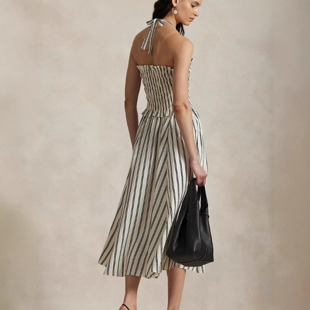 Women's midi dress with gathered smock top, removable halter neck and side pockets StylebySassy
