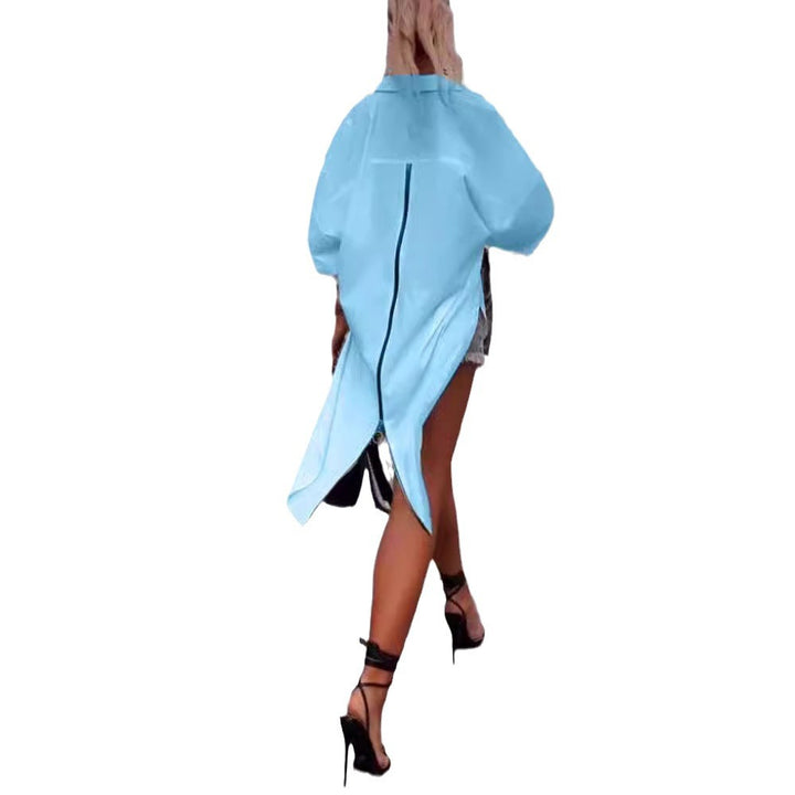Ladies' oversized shirt dress with central back zipper, split tail hem, and elbow-length batwing sleeves StylebySassy