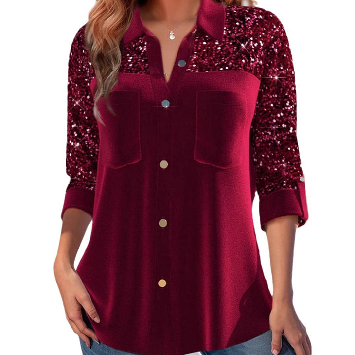 Women Sequin-Embellished Tunic Blouse with Shirt Collar, Breast Pockets and Casual Fit StylebySassy