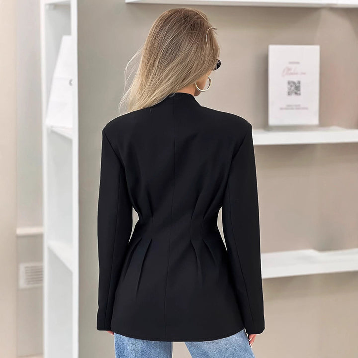 Women's nan tailored blazer with Vienna seams, covered buttons, and fitted pleated silhouette StylebySassy