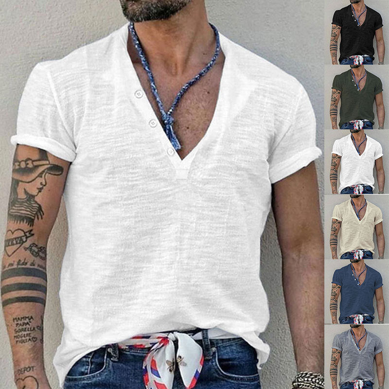 Men's short sleeve Henley style shirt made of slub cotton jersey with short button placket StylebySassy