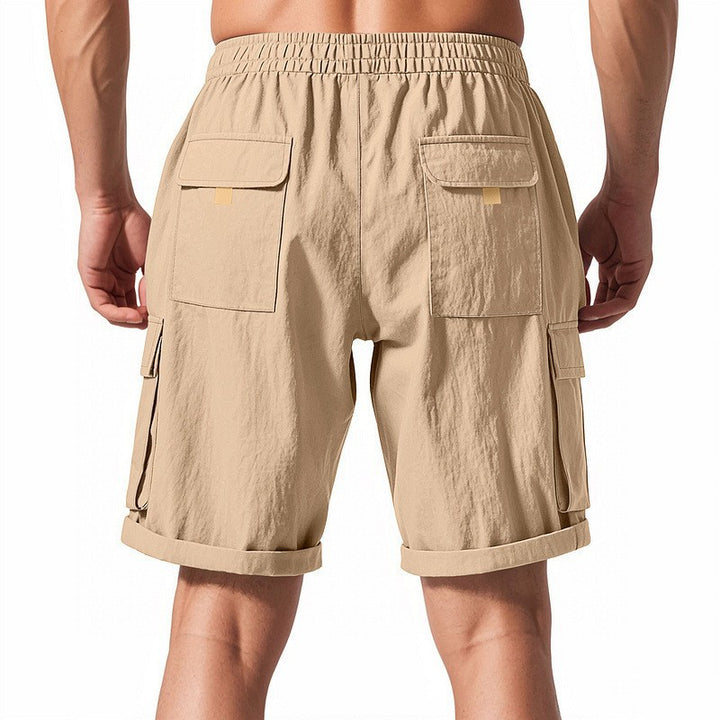Men's casual cargo Bermuda shorts with elastic drawstring waistband, straight leg, and patch flap pockets StylebySassy