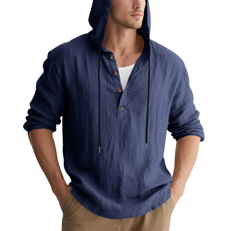 Men's casual linen henley with hood, drawstring and three-button placket StylebySassy