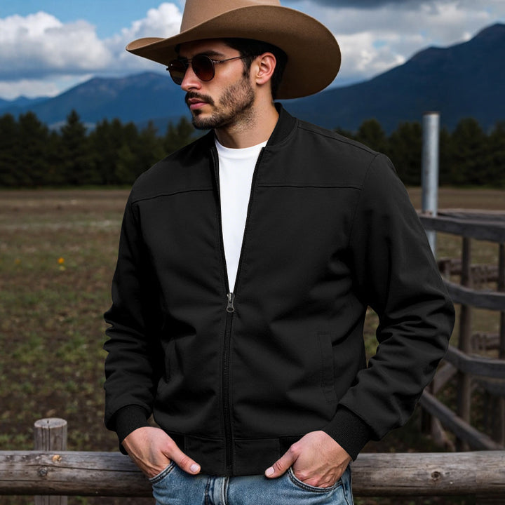 Men's faux suede bomber jacket with stand-up collar, ribbed cuffs, and side pockets StylebySassy