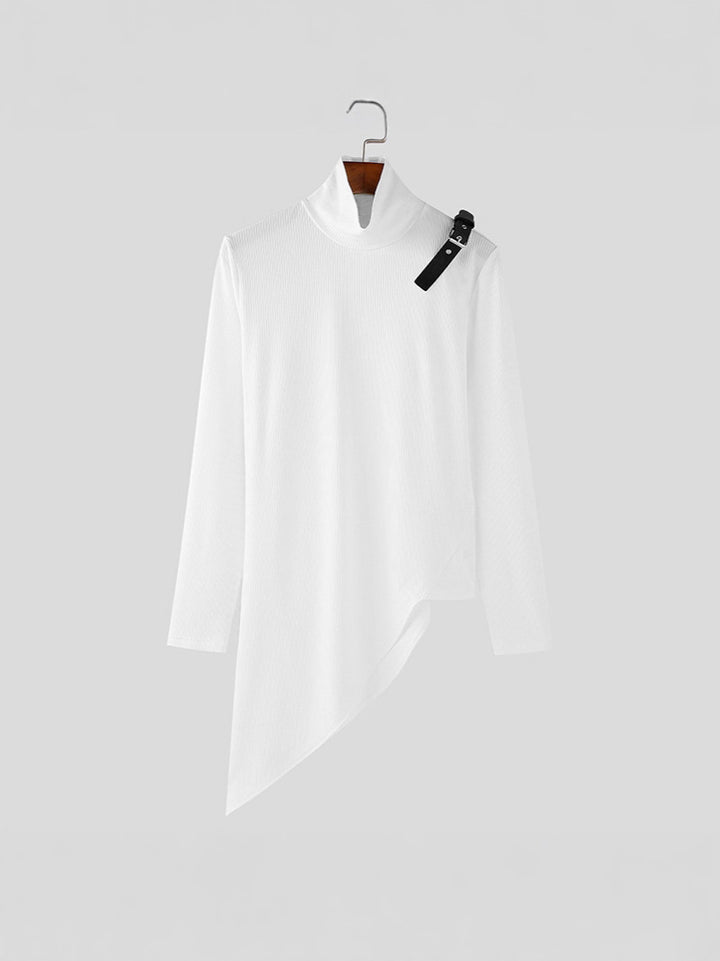 Women's asymmetrical long sleeve top made of fine knit with stand-up collar, diagonal hem, and adjustable shoulder strap StylebySassy