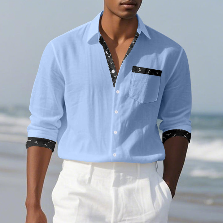 Men's casual linen blend shirt with contrasting trim on collar and cuffs as well as breast pocket StylebySassy