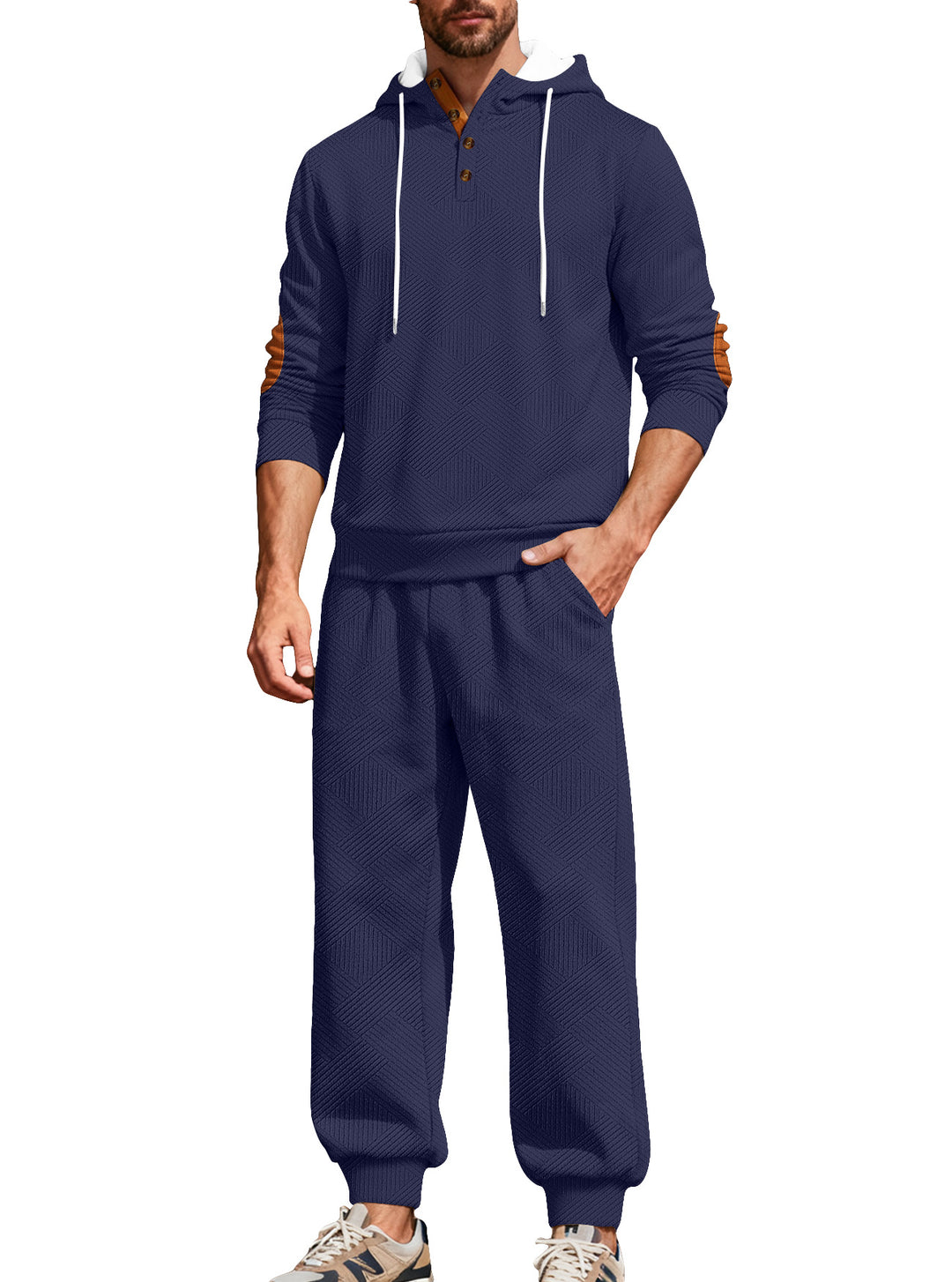 Men's textured hoodie jogging set with Henley button placket and contrast elbow patches StylebySassy