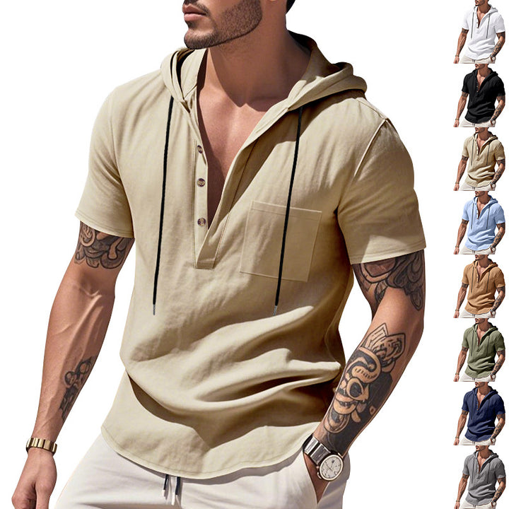 Men's lightweight short-sleeve hooded Henley made of single jersey with chest pocket and contrast drawstring StylebySassy