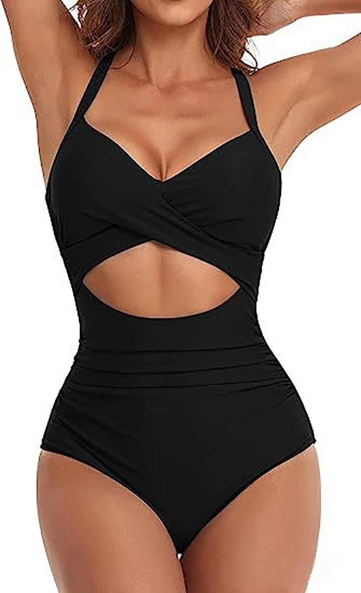 Women's one-piece swimsuit with stylish wrap design and sophisticated cross straps StylebySassy