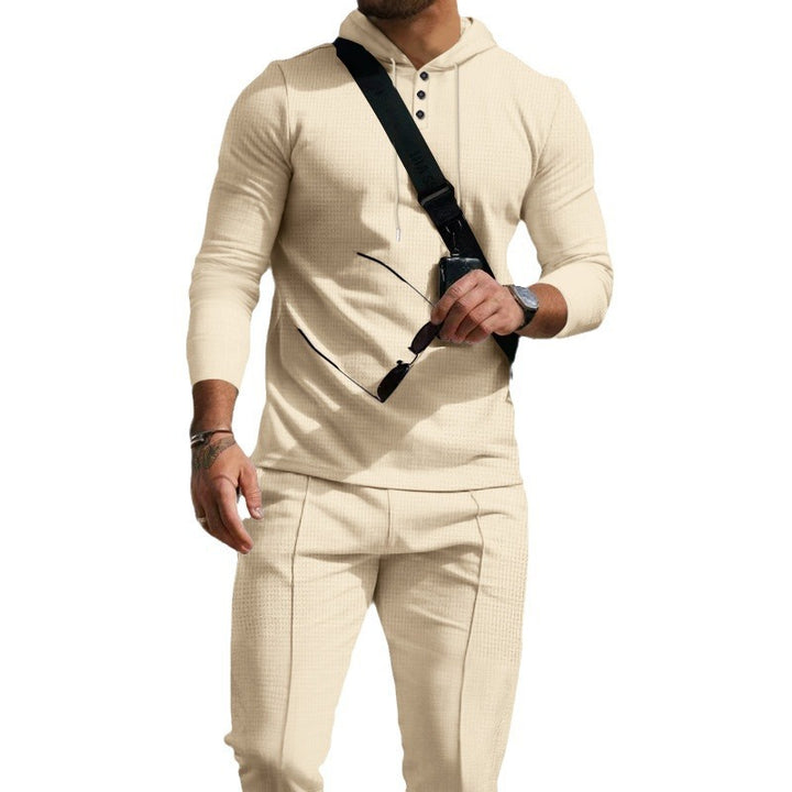 Men's slim-fitting hooded shirt with Henley button placket and tapered chinos set StylebySassy