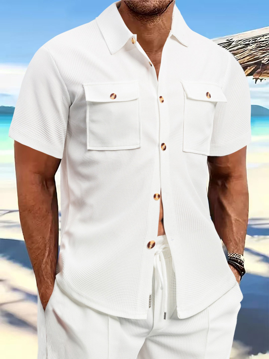 Men's structured waffle lounge set with shirt jacket, chest pockets and corded pants StylebySassy