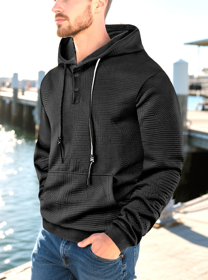 Men's hooded sweatshirt with geometric structure, Henley placket, and kangaroo pocket StylebySassy