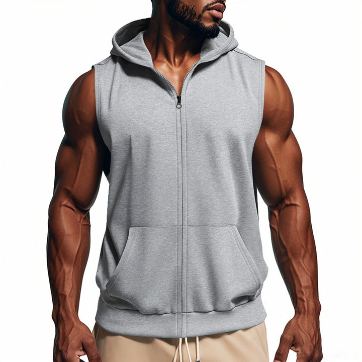 Men's sleeveless zip hooded vest with kangaroo pocket and athletic cut StylebySassy