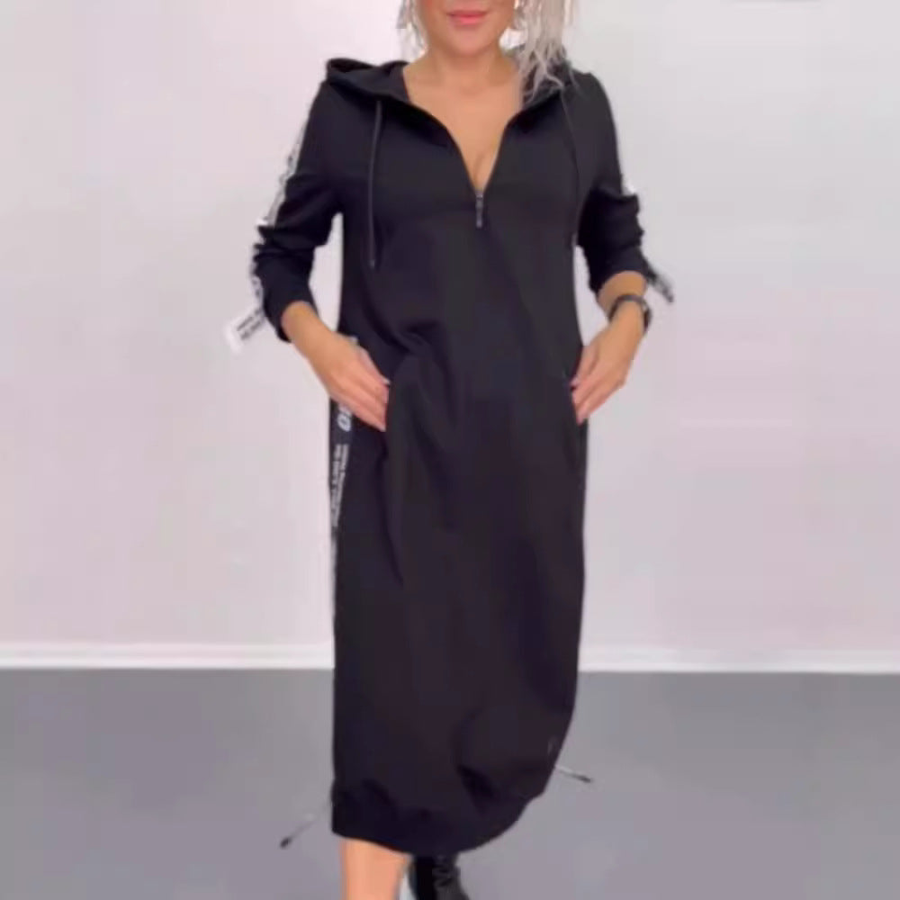 Women's ankle-length hooded sweatshirt dress with half zip, kangaroo pockets and side decorative piping StylebySassy